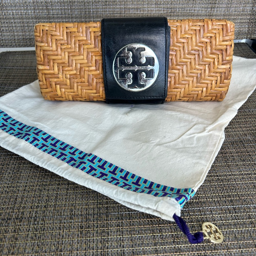 Tory Burch Bamboo Rattan Clutch Bag With Black Leather Strap Silver Logo Auth
